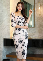 Square Neck Floral Print Slim Fit Midi Dress S / White